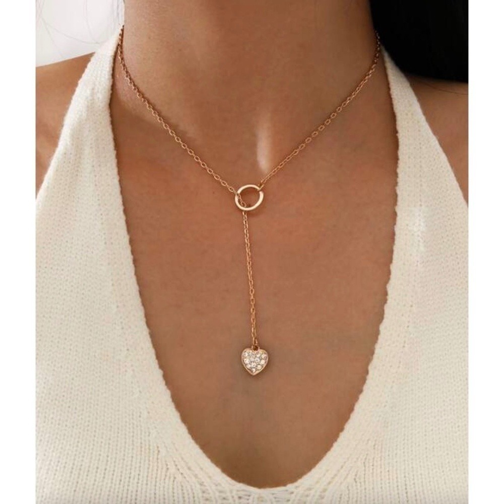 NEW!! Gold Lariat Heart Rhinestone Necklace Delicate Dainty Boho Festival